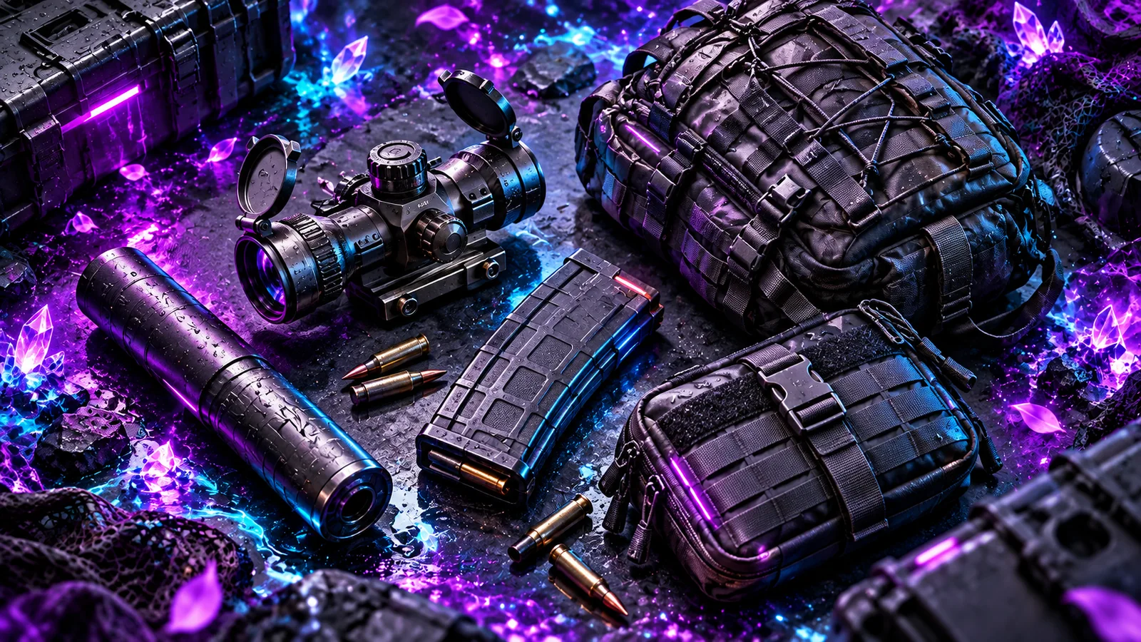 An optic, magazine, suppressor and tactical pouches.