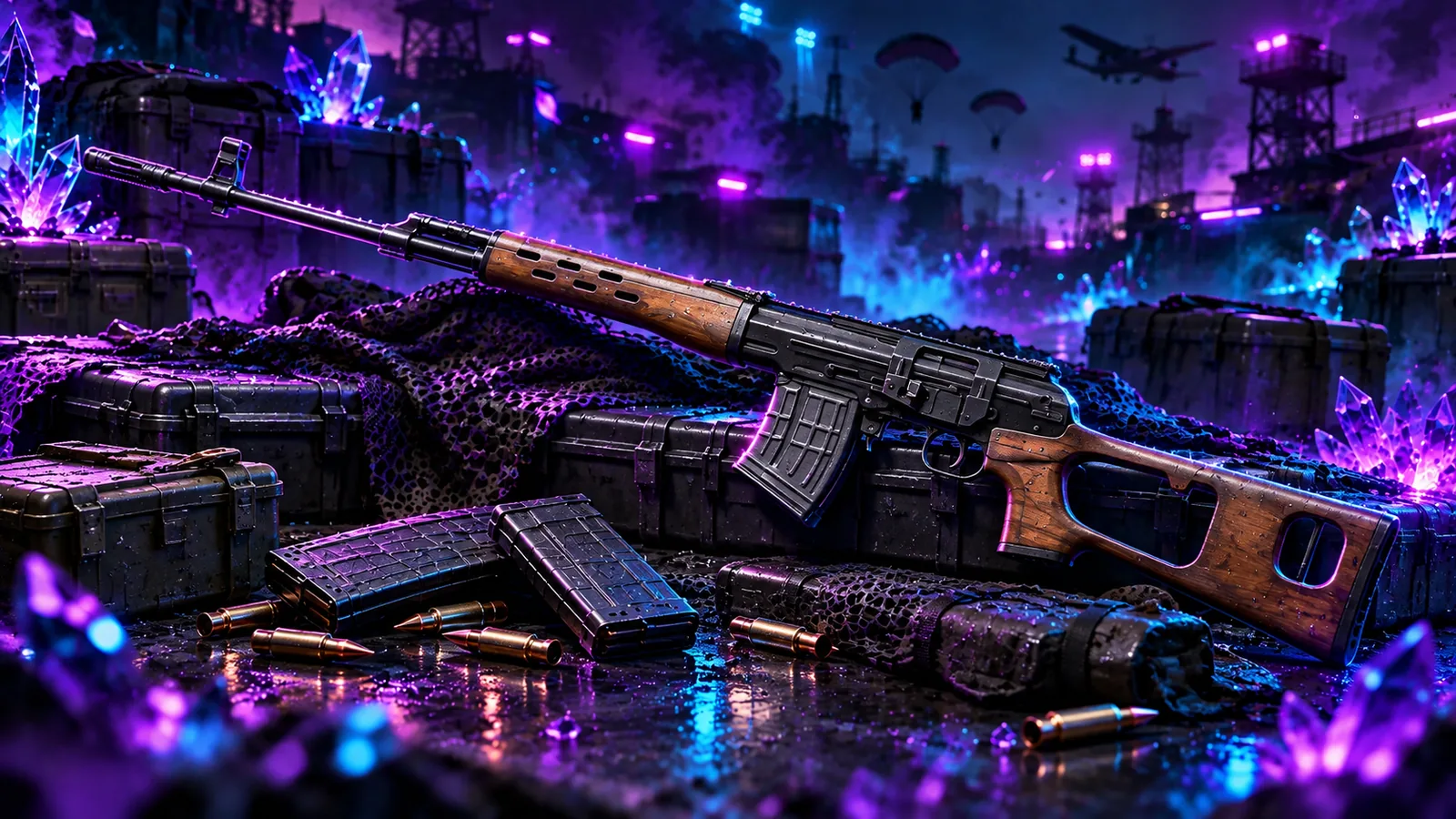 Художественная иллюстрация Dragunov: оружие на кейсе в бирюзово-фиолетовом освещении.