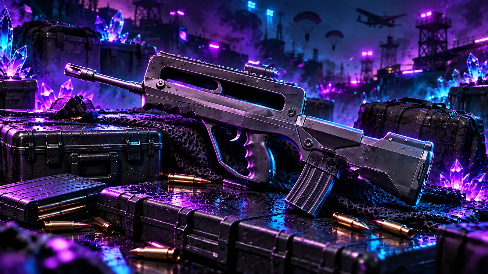 Художественная иллюстрация FAMAS: оружие на кейсе в бирюзово-фиолетовом освещении.
