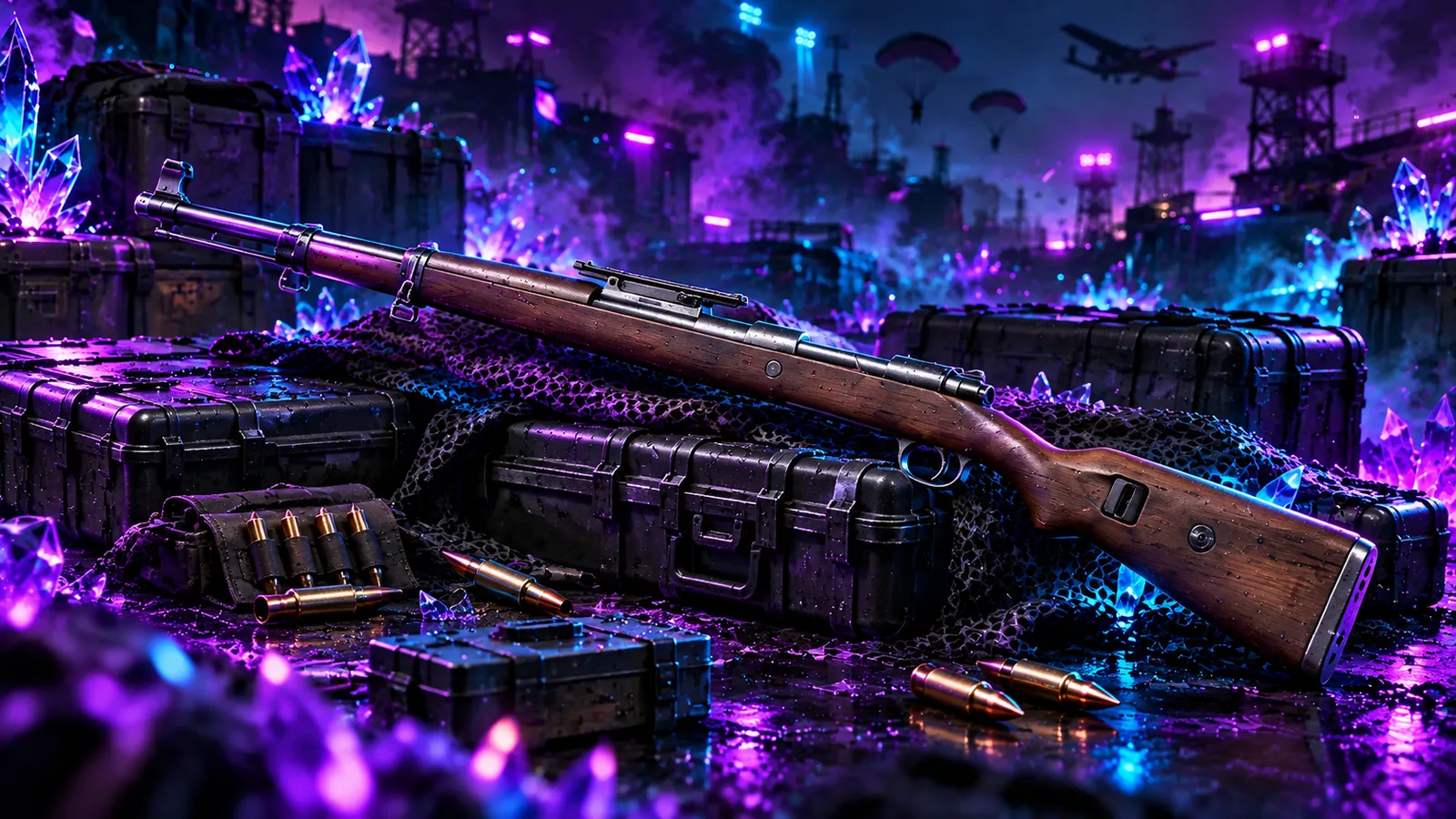 An illustration of Kar98k on an equipment case in cyan and violet lighting.