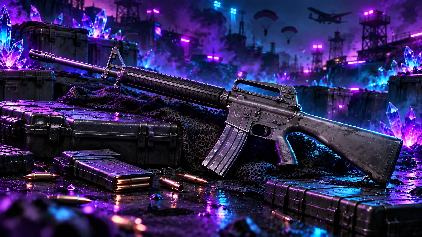 Художественная иллюстрация M16A4: оружие на кейсе в бирюзово-фиолетовом освещении.