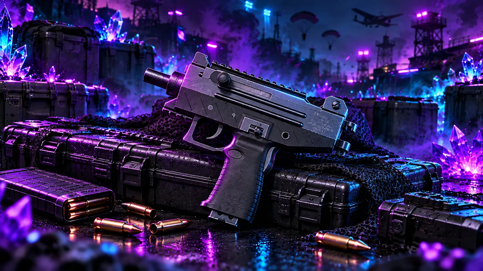 An illustration of Micro UZI on an equipment case in cyan and violet lighting.