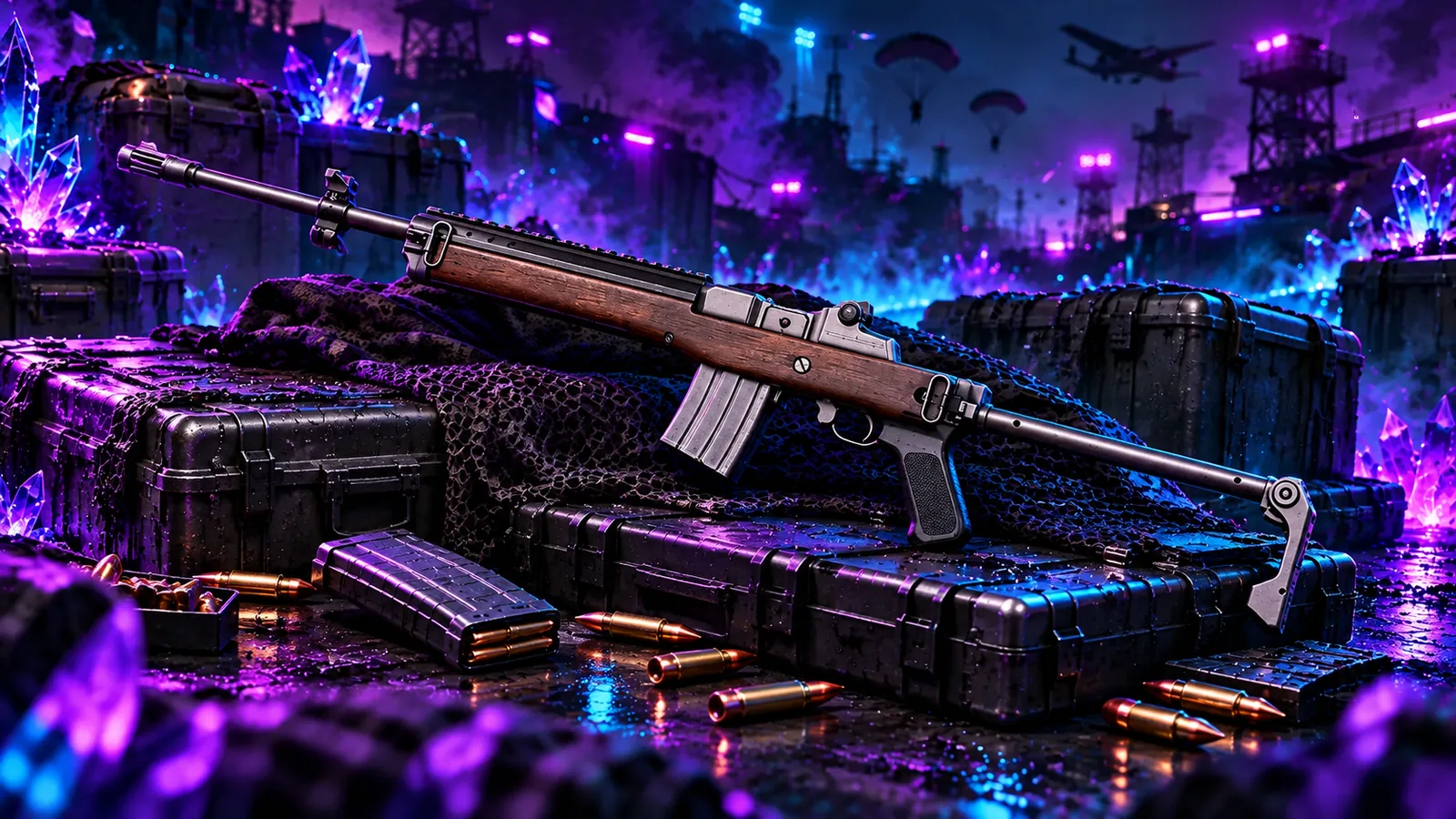 Художественная иллюстрация Mini14: оружие на кейсе в бирюзово-фиолетовом освещении.