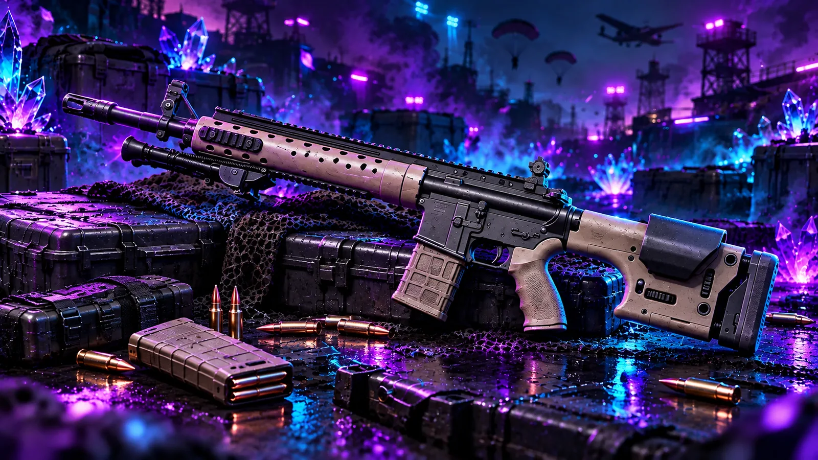 Художественная иллюстрация MK12: оружие на кейсе в бирюзово-фиолетовом освещении.