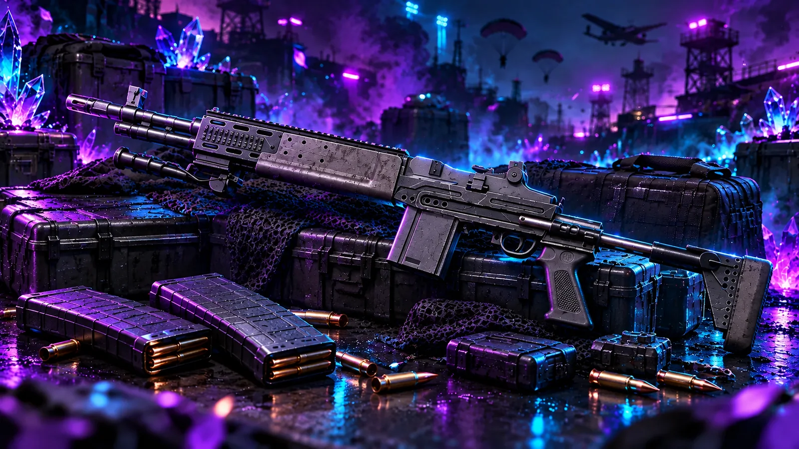 Художественная иллюстрация MK14: оружие на кейсе в бирюзово-фиолетовом освещении.