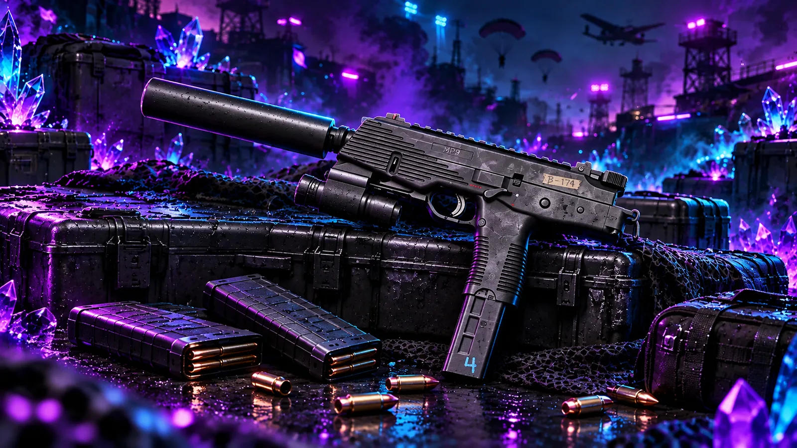 Художественная иллюстрация MP9: оружие на кейсе в бирюзово-фиолетовом освещении.