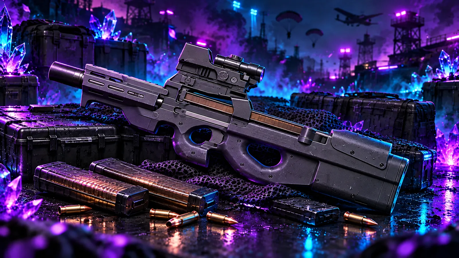 Художественная иллюстрация P90: оружие на кейсе в бирюзово-фиолетовом освещении.