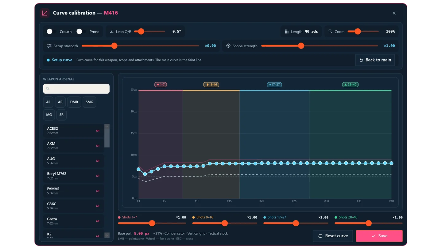Recoil curve editor over the game