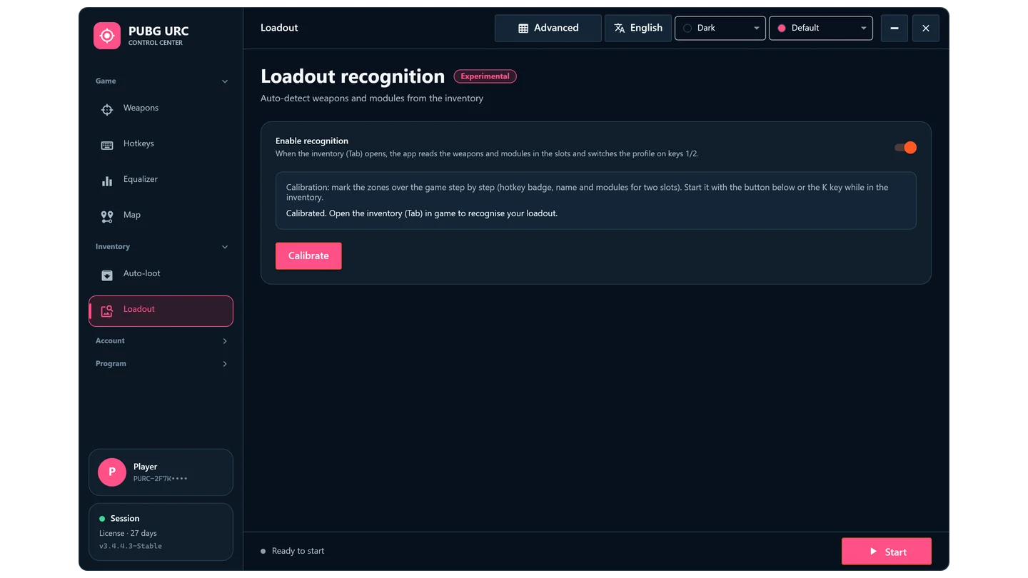 The Loadout section of PUBG URC